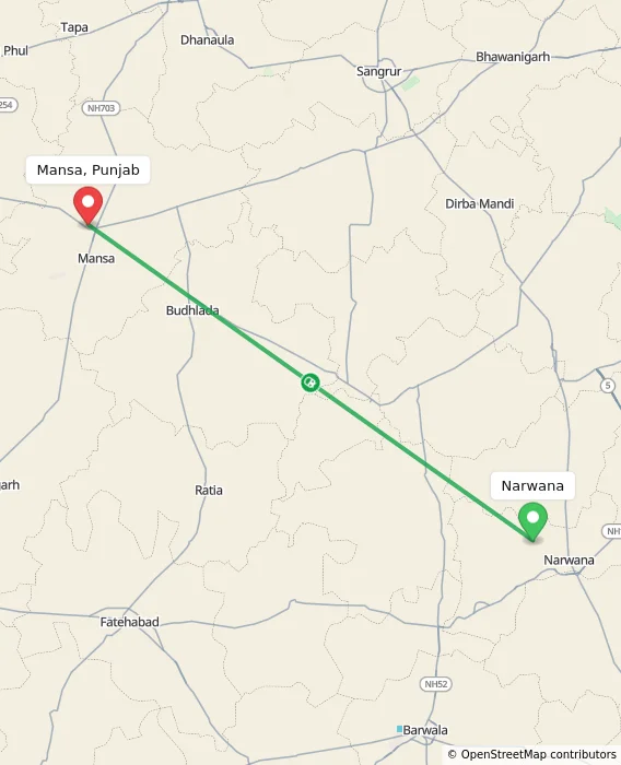 Route map showing distance and travel time from Narwana, India to Mansa, Punjab, India