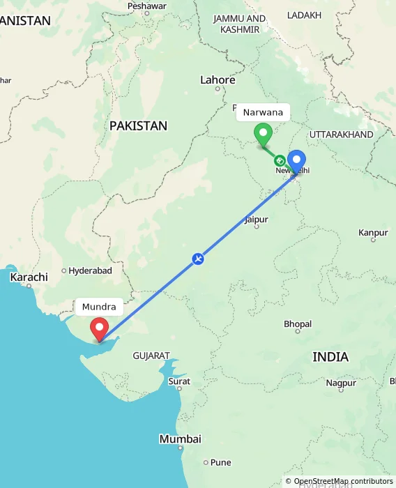 Route map showing distance and travel time from Narwana, India to Mundra, India