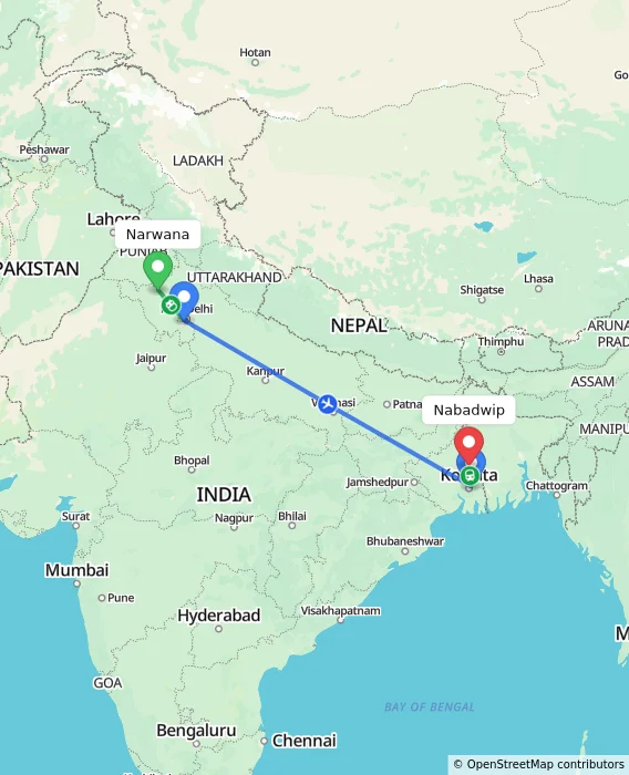 Route map showing distance and travel time from Narwana, India to Nabadwip, India