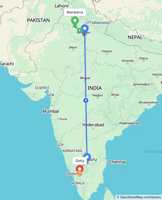 Route map showing distance and travel time from Narwana, India to Ooty, India