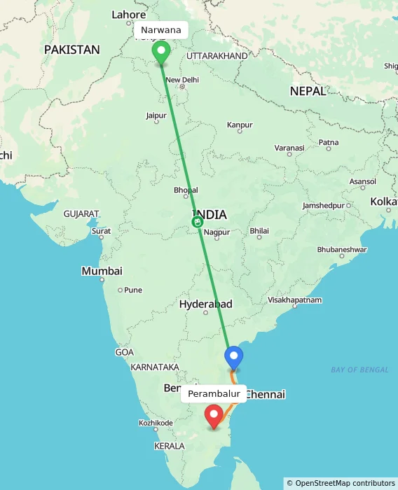 Route map showing distance and travel time from Narwana, India to Perambalur, India