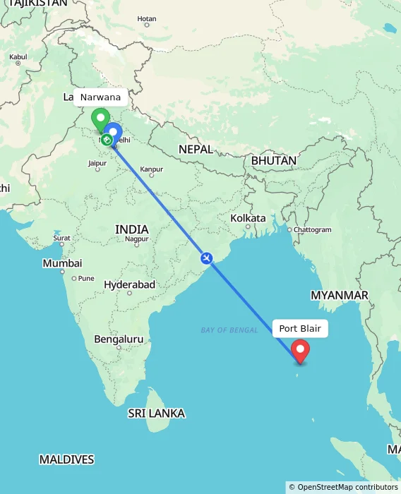Route map showing distance and travel time from Narwana, India to Port Blair, India