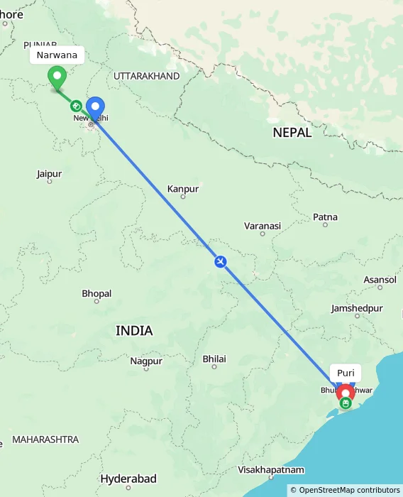 Route map showing distance and travel time from Narwana, India to Puri, India