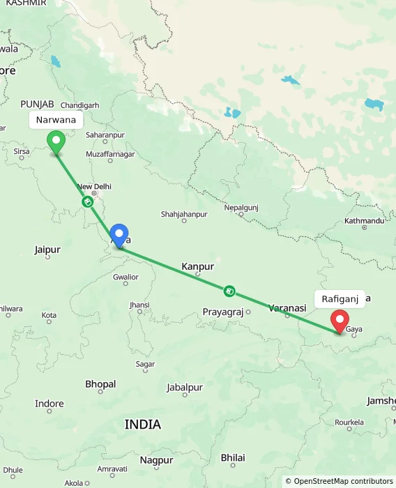 Route map showing distance and travel time from Narwana, India to Rafiganj, India