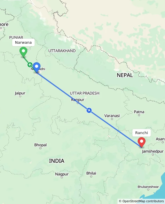 Route map showing distance and travel time from Narwana, India to Ranchi, India