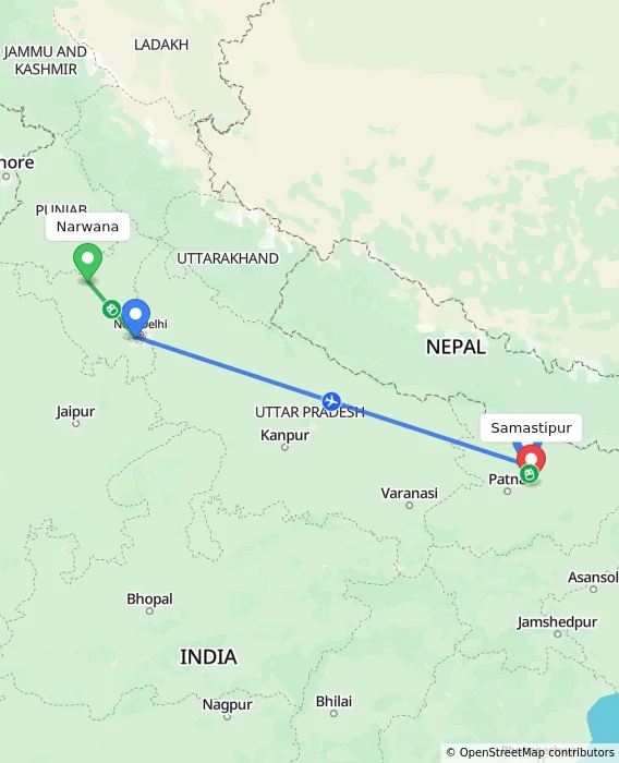 Route map showing distance and travel time from Narwana, India to Samastipur, India