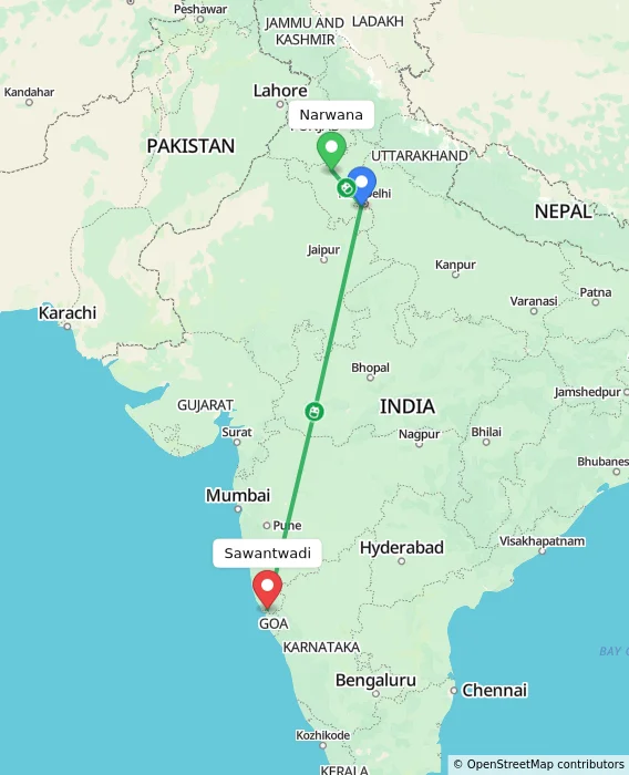 Route map showing distance and travel time from Narwana, India to Sawantwadi, India