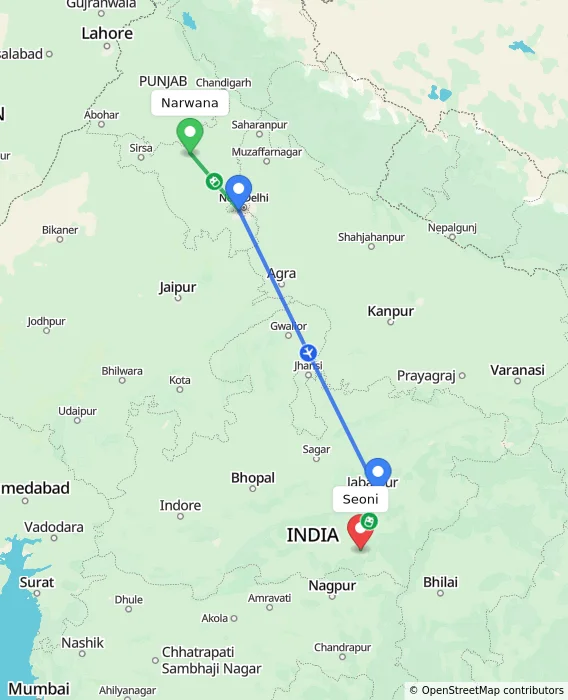Route map showing distance and travel time from Narwana, India to Seoni, India