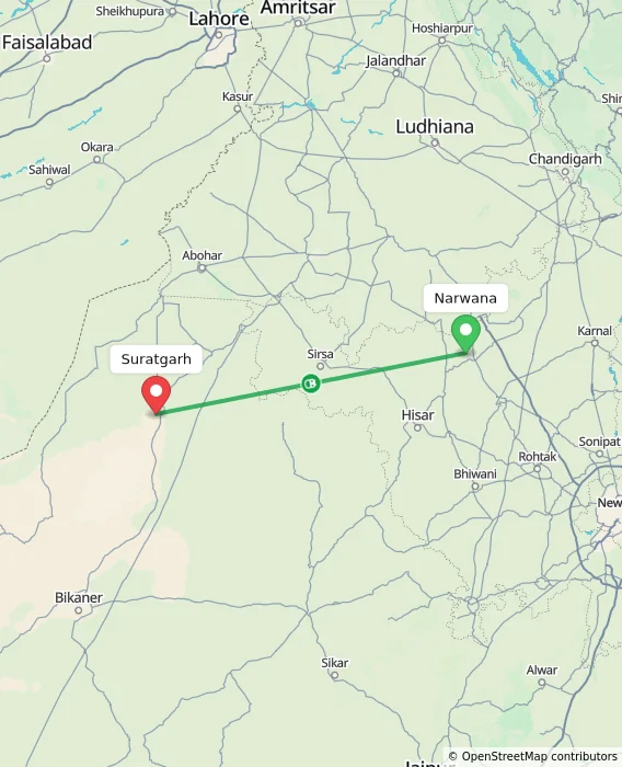 Route map showing distance and travel time from Narwana, India to Suratgarh, India