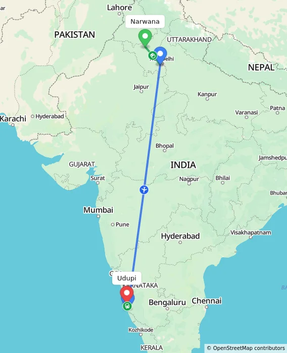 Route map showing distance and travel time from Narwana, India to Udupi, India