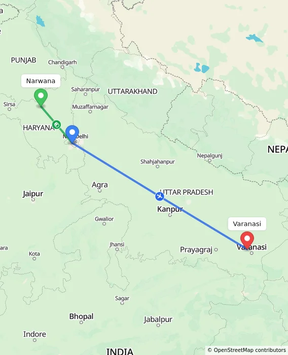 Route map showing distance and travel time from Narwana, India to Varanasi, India