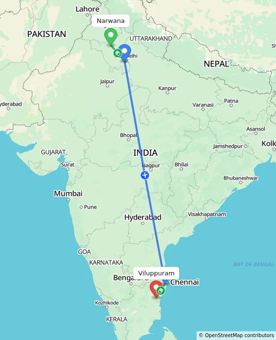 Route map showing distance and travel time from Narwana, India to Viluppuram, India