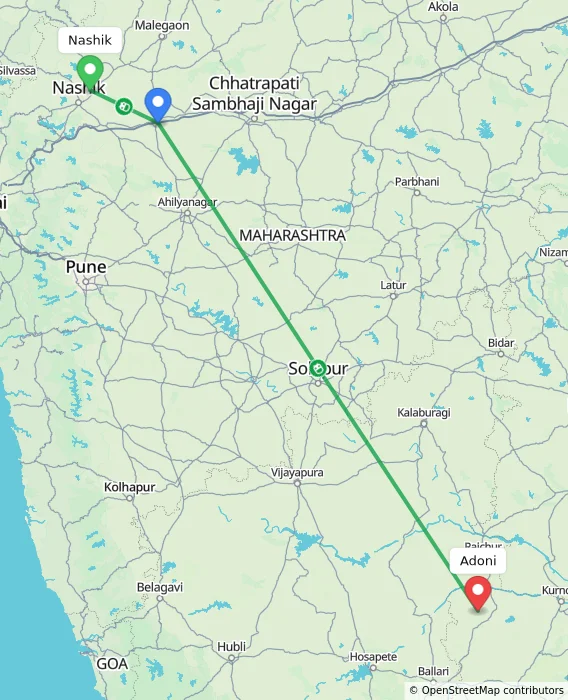 Route map showing distance and travel time from Nashik, India to Adoni, India