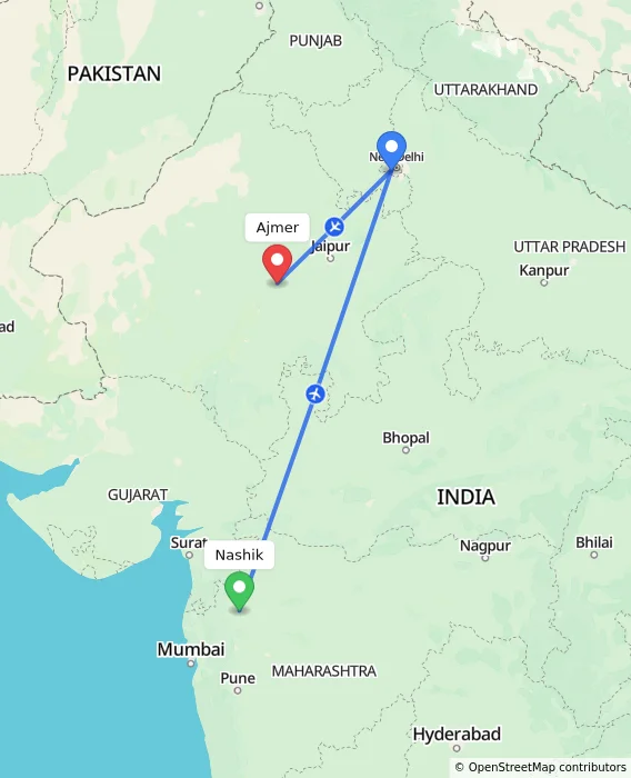 Route map showing distance and travel time from Nashik, India to Ajmer, India
