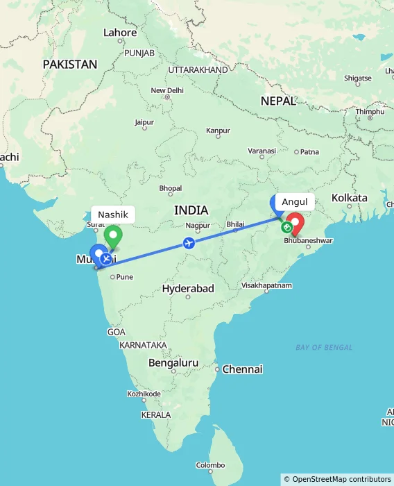 Route map showing distance and travel time from Nashik, India to Angul, India