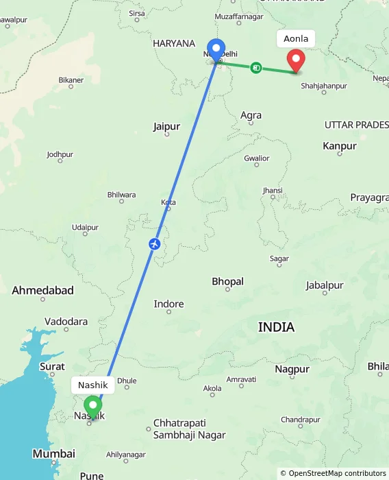 Route map showing distance and travel time from Nashik, India to Aonla, India