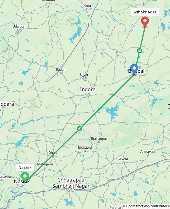 Route map showing distance and travel time from Nashik, India to Ashoknagar, India