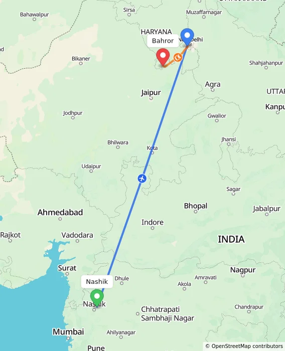Route map showing distance and travel time from Nashik, India to Bahror, India
