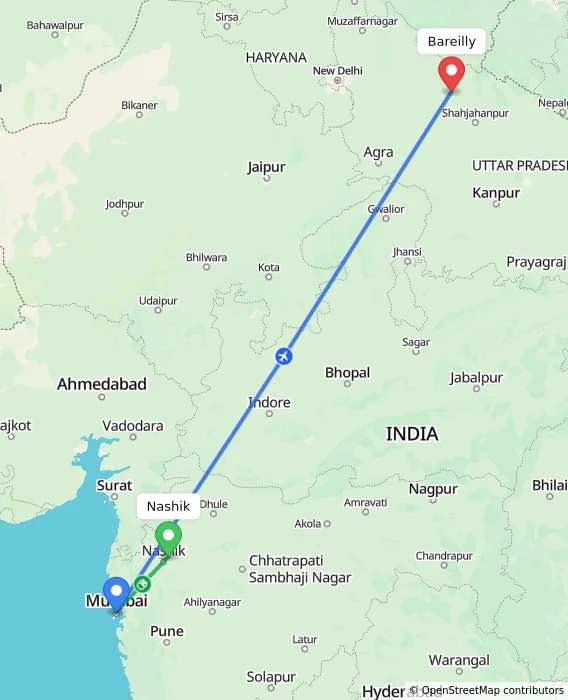 Route map showing distance and travel time from Nashik, India to Bareilly, India
