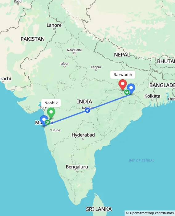 Route map showing distance and travel time from Nashik, India to Barwadih, India