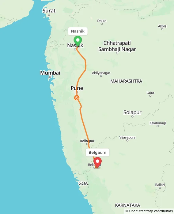 Route map showing distance and travel time from Nashik, India to Belgaum, India