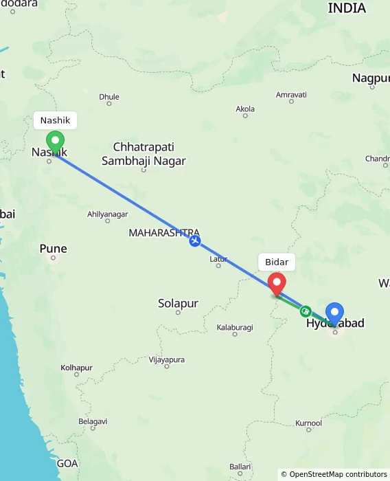 Route map showing distance and travel time from Nashik, India to Bidar, India