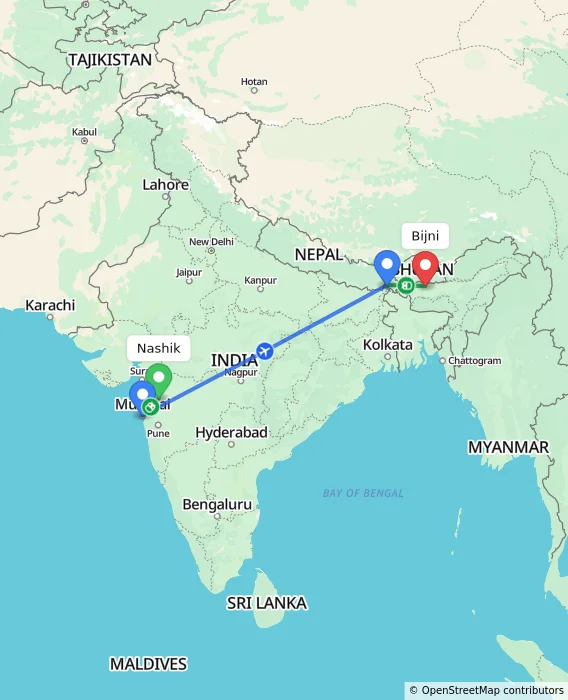 Route map showing distance and travel time from Nashik, India to Bijni, India