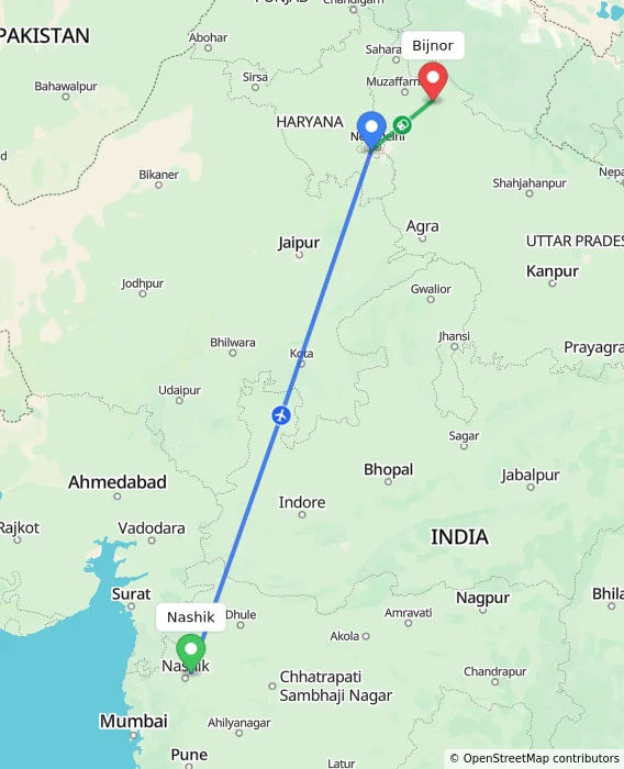 Route map showing distance and travel time from Nashik, India to Bijnor, India