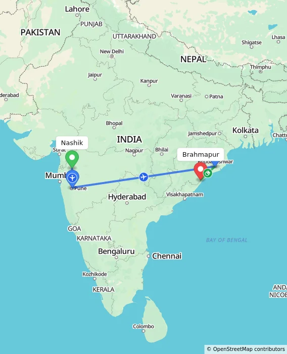 Route map showing distance and travel time from Nashik, India to Brahmapur, India