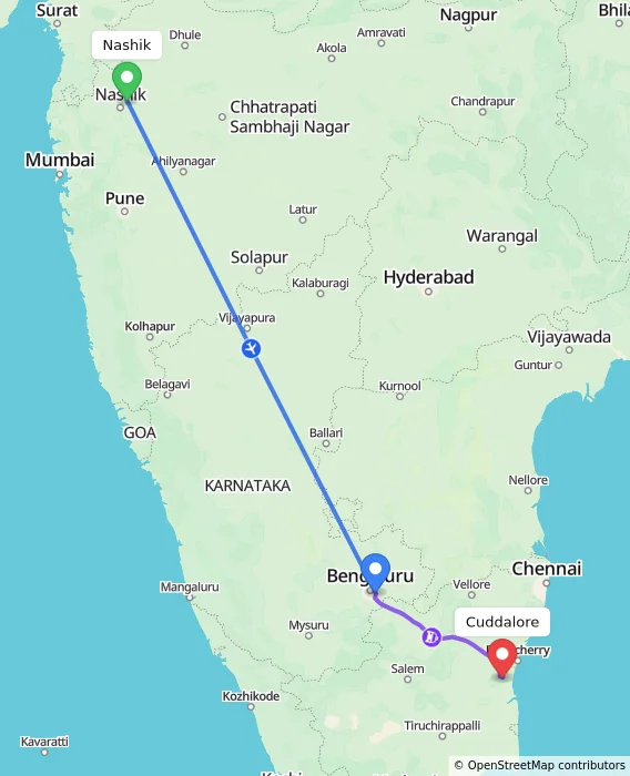 Route map showing distance and travel time from Nashik, India to Cuddalore, India