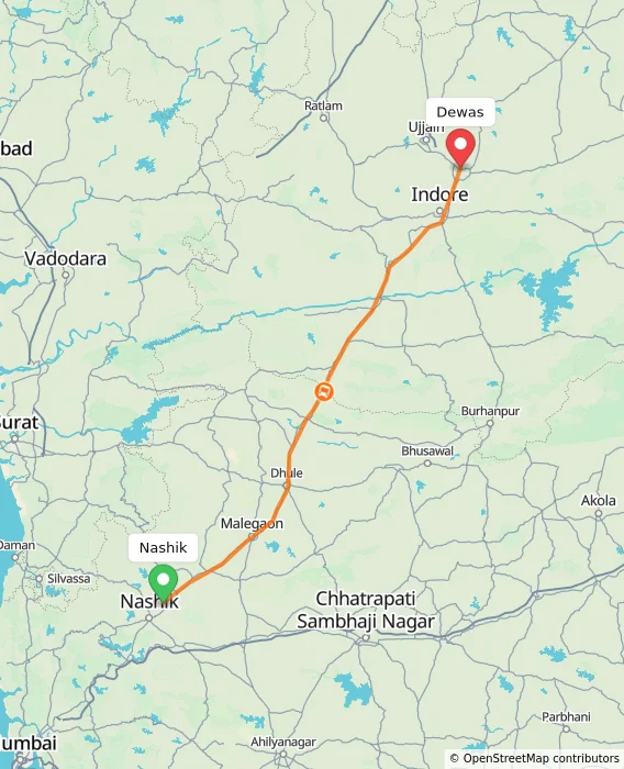 Route map showing distance and travel time from Nashik, India to Dewas, India