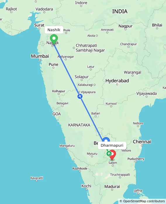Route map showing distance and travel time from Nashik, India to Dharmapuri, India