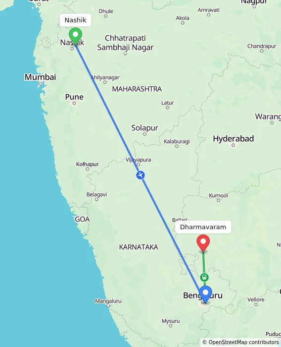 Route map showing distance and travel time from Nashik, India to Dharmavaram, India