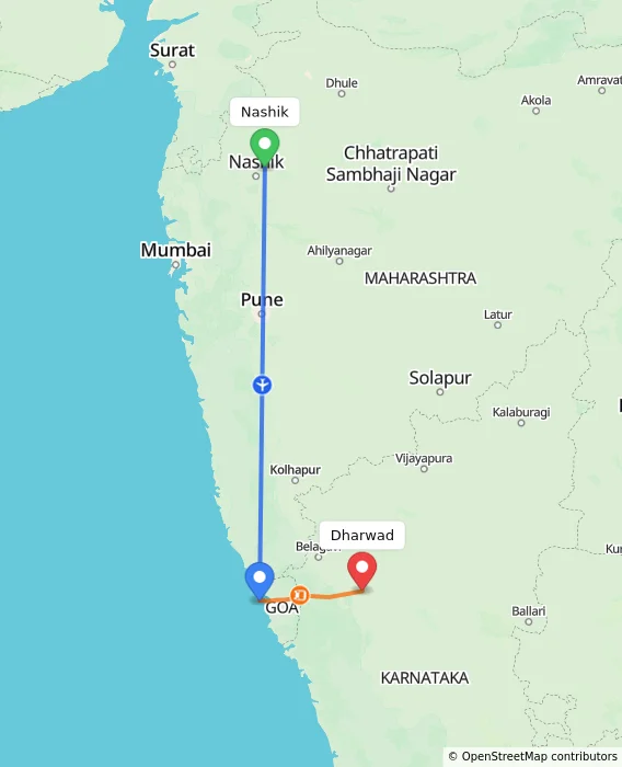 Route map showing distance and travel time from Nashik, India to Dharwad, India