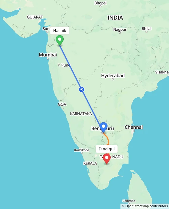 Route map showing distance and travel time from Nashik, India to Dindigul, India