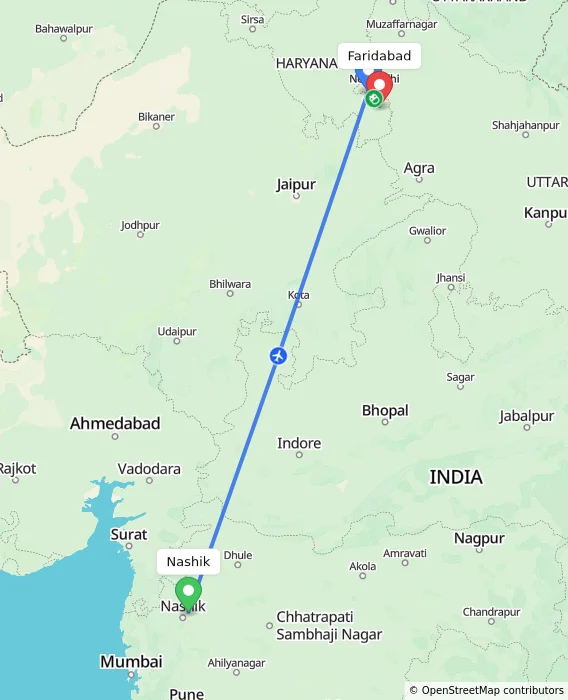 Route map showing distance and travel time from Nashik, India to Faridabad, India