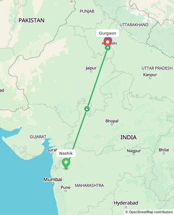 Route map showing distance and travel time from Nashik, India to Gurgaon, India