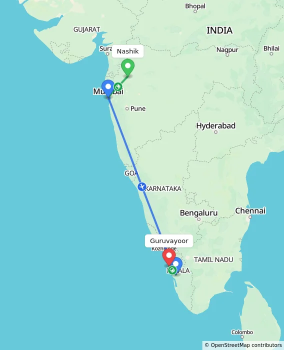 Route map showing distance and travel time from Nashik, India to Guruvayoor, India