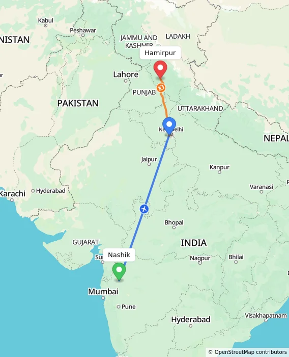Route map showing distance and travel time from Nashik, India to Hamirpur, India