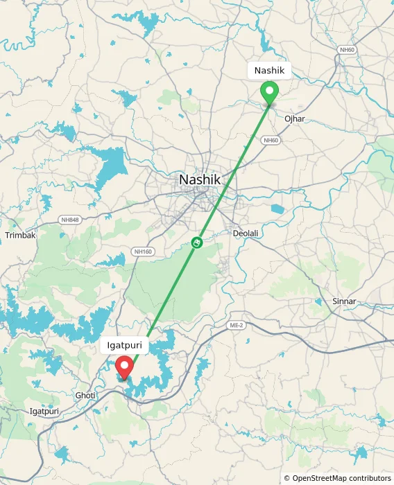 Route map showing distance and travel time from Nashik, India to Igatpuri, India