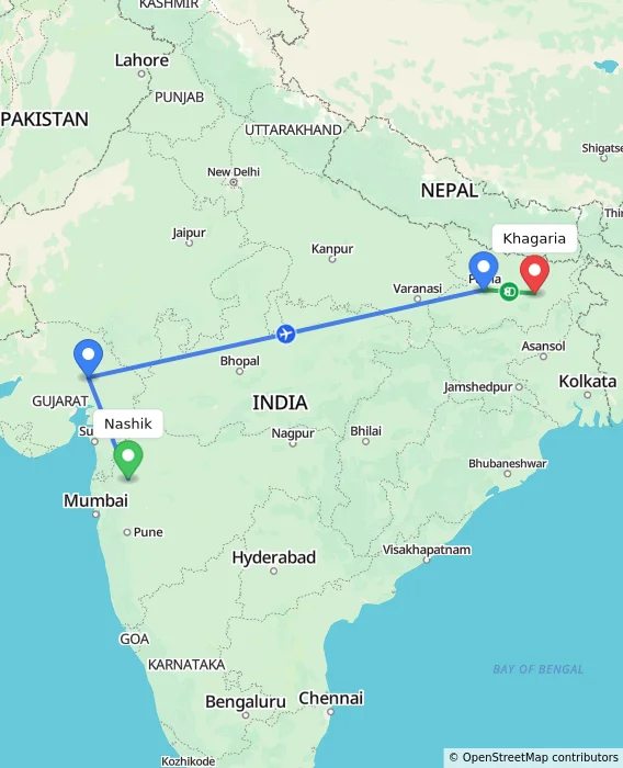 Route map showing distance and travel time from Nashik, India to Khagaria, India