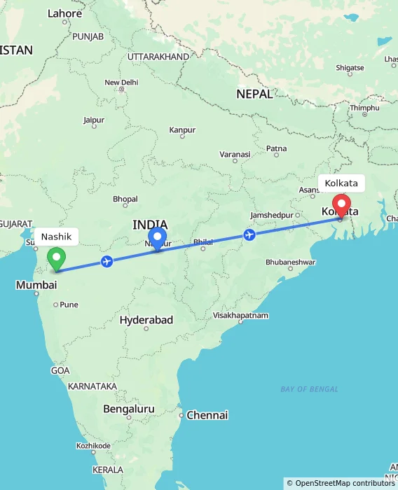 Route map showing distance and travel time from Nashik, India to Kolkata, India