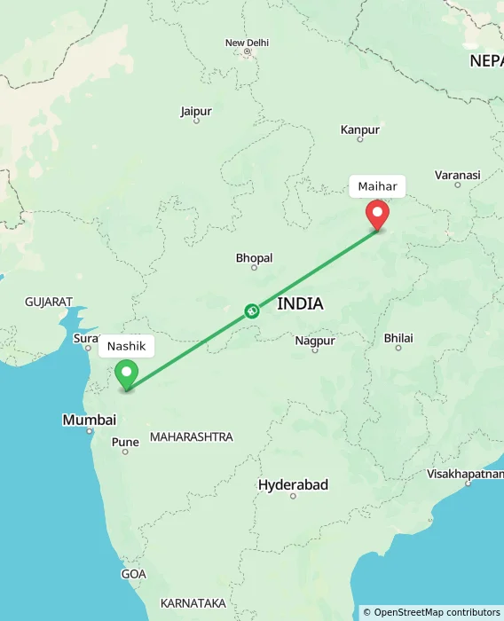 Route map showing distance and travel time from Nashik, India to Maihar, India