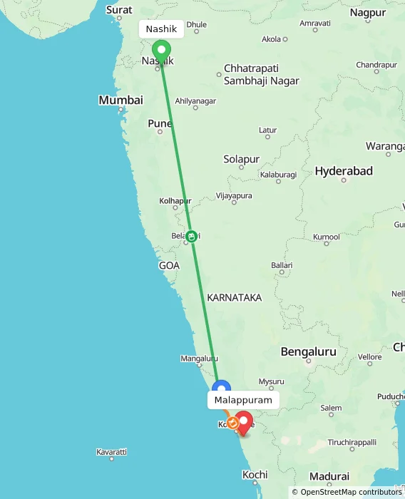 Route map showing distance and travel time from Nashik, India to Malappuram, India