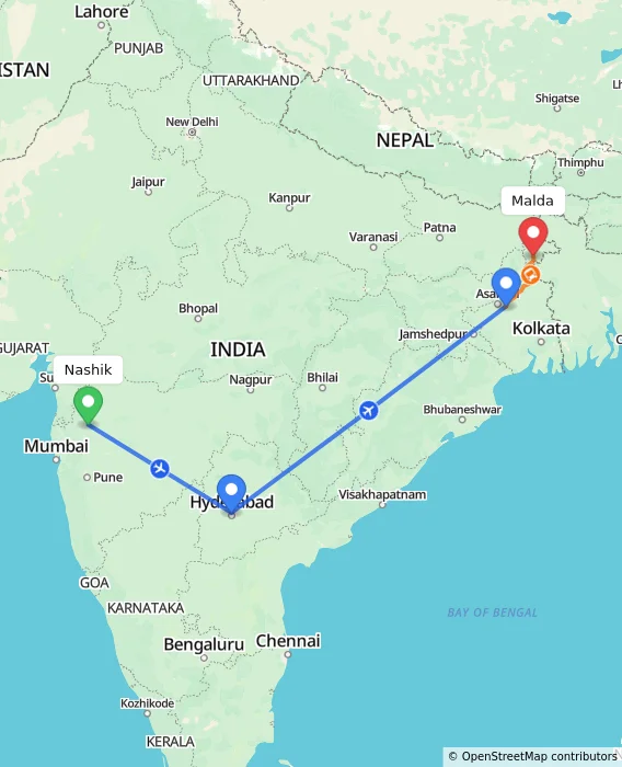 Route map showing distance and travel time from Nashik, India to Malda, India
