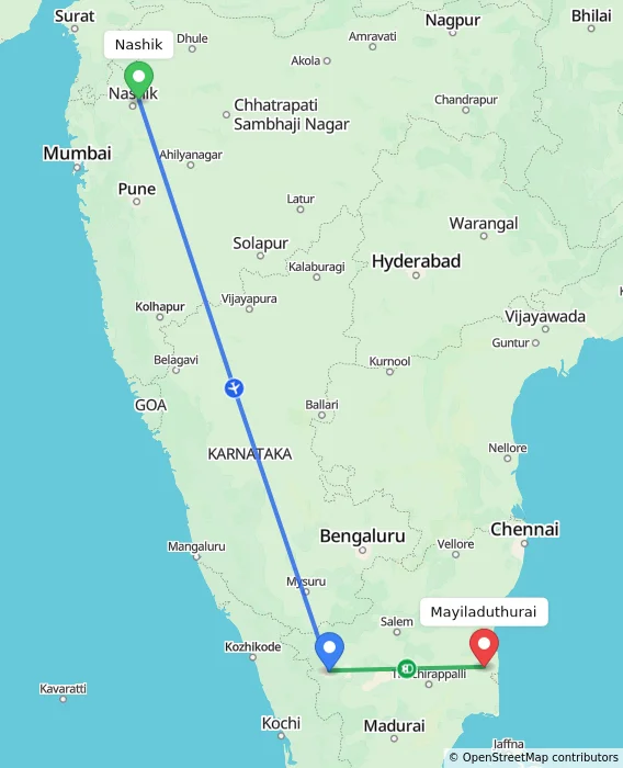 Route map showing distance and travel time from Nashik, India to Mayiladuthurai, India