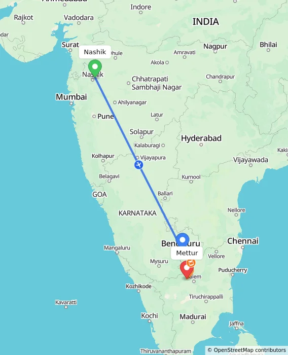 Route map showing distance and travel time from Nashik, India to Mettur, India