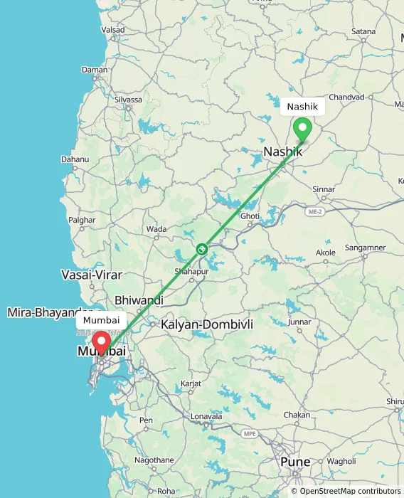 Route map showing distance and travel time from Nashik, India to Mumbai, India