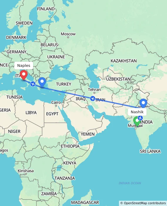 Route map showing distance and travel time from Nashik, India to Naples, Italy