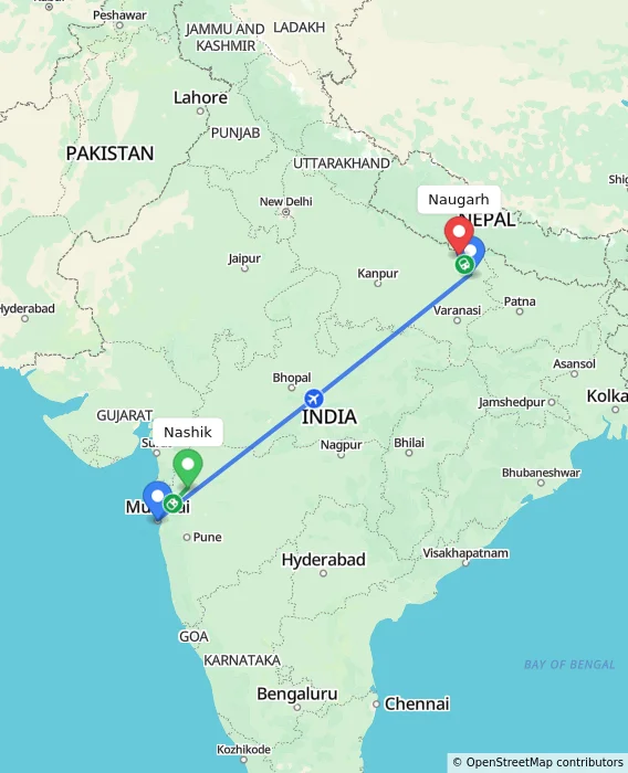 Route map showing distance and travel time from Nashik, India to Naugarh, India